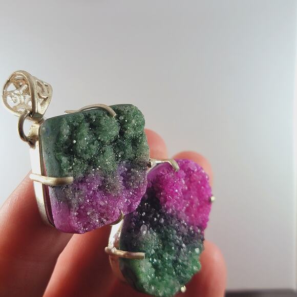 Sterling Silver Rainbow Drusy Pendant Raw Slice Gem Crystal Quartz 2.5" - Picture 9 of 10